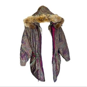 Vintage Duck Down Filled Raccoon Skin Leather Paisley Print Puffer Coat Size M